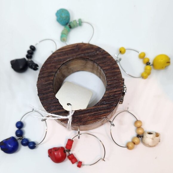 Colorful Skull Wine Glass Charms Set - 6  Themed Unique Charms With Beads & Wood - Picture 1 of 15